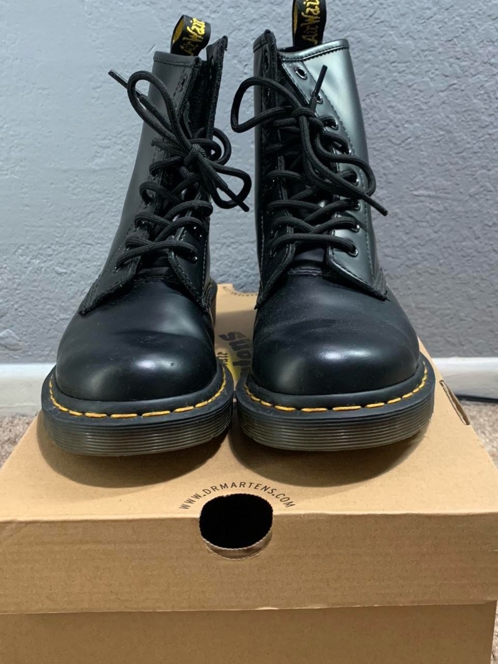 Dr. Martens Black Lace-Up Combat Boots with Yellow Stitching